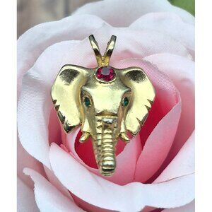 Brushed Gold Tone Elephant Face Pendant Rhinestone Green Eyes 1.25" 3-D